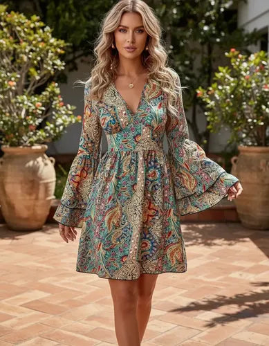 Vestido corto celeste bohemio manga larga escote V