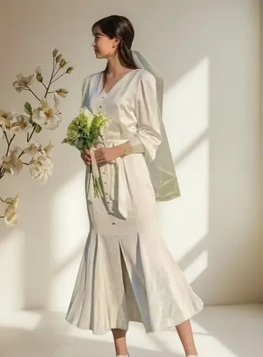 Vestido midi blanco novia civil corte princesa