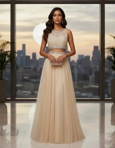 Conjunto de graduación top y falda larga beige