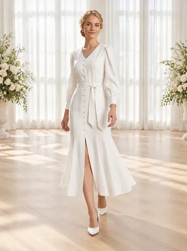Vestido midi blanco novia civil corte princesa