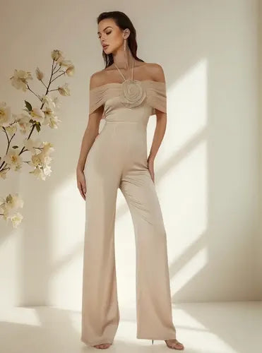 Mono beige cuello halter de fiesta