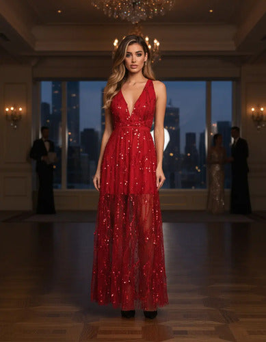 Vestido largo rojo con lentejuelas corte princesa