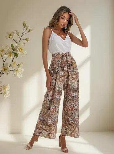 Mono beige paisley con cinturón sin mangas de fiesta