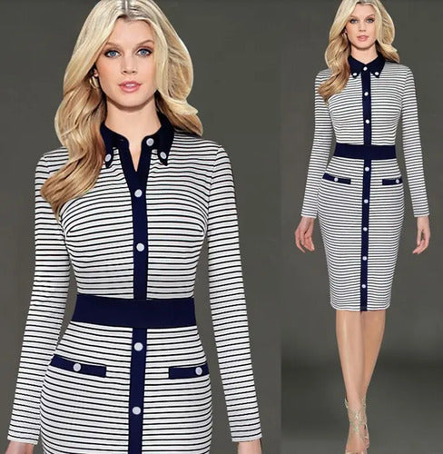 Vestido Talla Grande Blanco Líneas Azules Vg 15