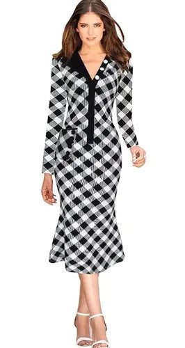 Vestido  Blanco Con Negro Manga Larga Va 150a Blanco L