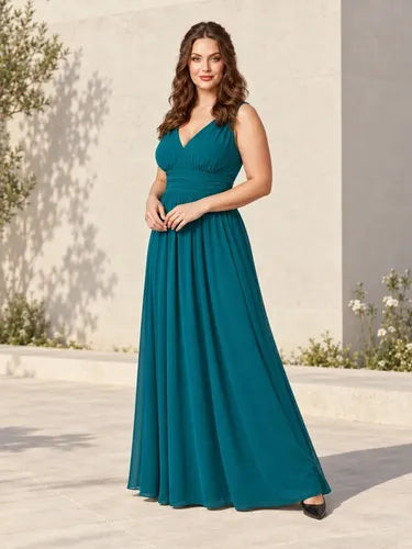 Vestido largo azul gasa evasé para graduación