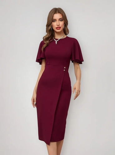 Vestido Gasa Largo Ajustado Cuello Redondo Va 498 Rojo M