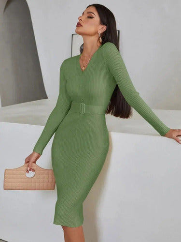 Vestido De Punto Ajustado Jersey Canalé Manga Larga Vt 06 Verde Xl
