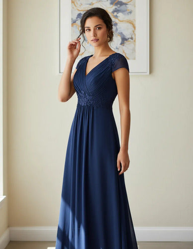 Vestido largo azul de gasa escote V corte princesa