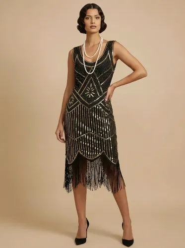 Vestido midi charlestón años 20 Gatsby con flecos