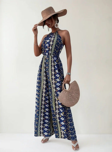 Mono azul con estampado geométrico sin mangas, estilo de fiesta