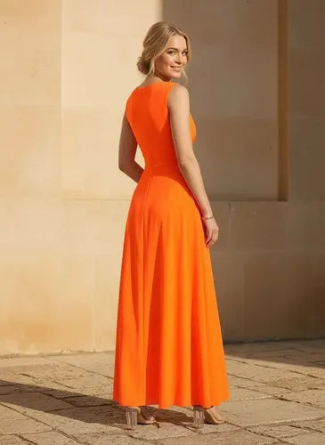 Vestido largo azul y naranja evasé escote V