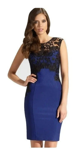 Vestido Azul Encaje Negro Formal Ajustado Va 552 Azul L