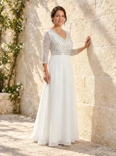 Vestido largo de novia evasé en gasa con escote V