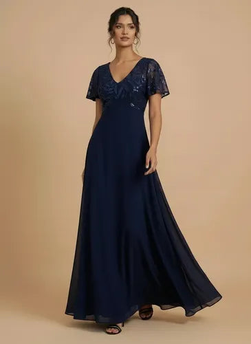 Vestido largo de fiesta gasa azul y bordo evasé