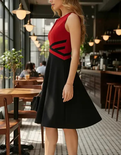 Vestido Oficina Cóctel Casual Acampanado Va 597 Rojo- Negro M