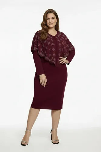 Vestido midi burdeo manga larga talla grande