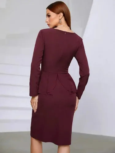 Vestido Peplum Delgado Cuello Cuadrado Sin Cinturón Va 507 Bordó Xl