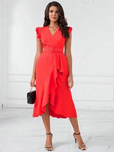 Vestido Delgado Cruzado Con Cinturón Va 603 Naranja S