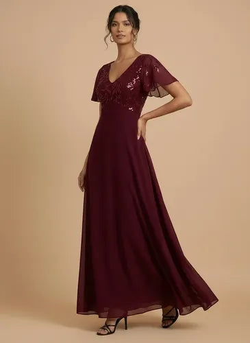 Vestido largo de fiesta gasa azul y bordo evasé