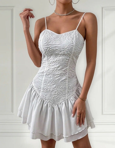 Vestido Corto Tirantes Jacquard Fiesta Novia Civil Va 576 Blanco M