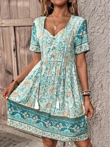 Vestido Corto Verde Estilo Bohemia Multicolor L