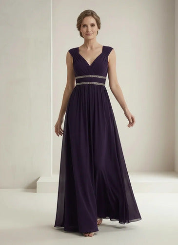 Vestido largo de gala de gasa escote V