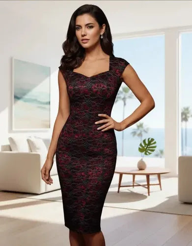 Vestido Ajustado Encaje Negro-rojo  Va 245
