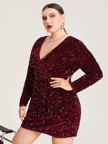 Vestido Fiesta Lentejuela Talla Grande Manga Larga Vg 91