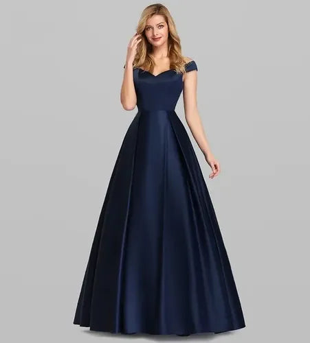 Vestido Largo Satén Fiesta Hombros Descubiertos Ep 141 Azul Oscuro 8
