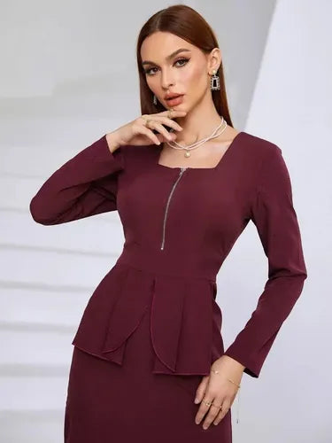 Vestido Peplum Delgado Cuello Cuadrado Sin Cinturón Va 507 Bordó Xl