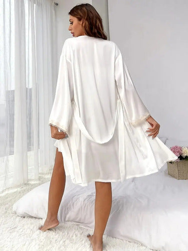 Camisón Y Bata Satín Lencería Set De Pijama Babydolls Pj 05