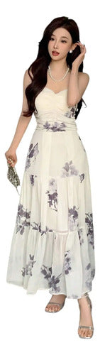 Vestido Mujer Elegante Gasa Forrado  Va 623 Blanco S