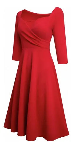 Vestido midi rojo retro acampanado swing manga 3/4