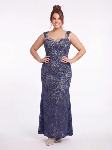 Vestido largo azul de encaje corte sirena talla grande