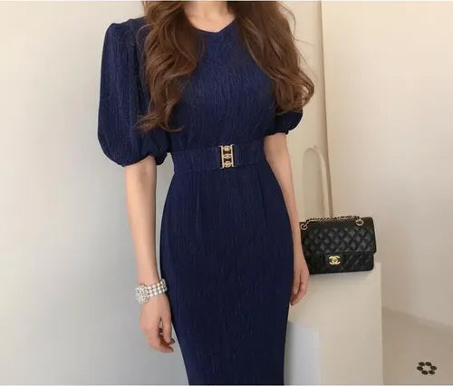 Vestido  Coctel Fiesta Mangas Cinturón Va 436 Azul L