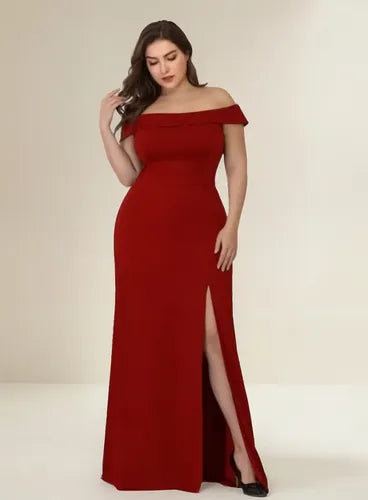 Vestido largo bordó sirena hombros descubiertos
