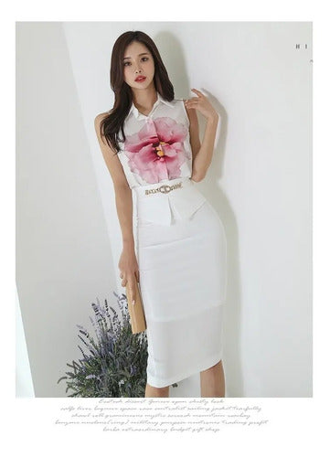 Vestido Conjunto 2 Piezas Blusa Falda Cóctel Hq 23 Blanco L
