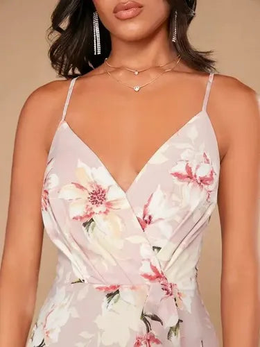 Vestido Forrado Estampado Dama De Honor Cruzado Vd 120 Rosa S