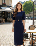 Vestido  Coctel Fiesta Mangas Cinturón Va 436 Azul L