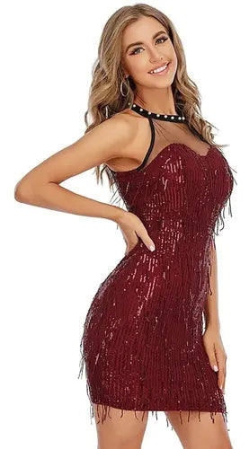 Vestido Corto Fiesta Lentejuelas Burdeo Vl 39