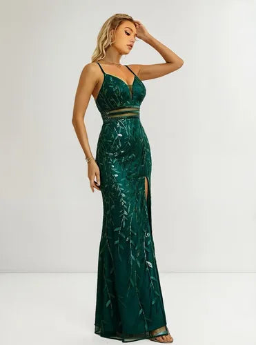 Vestido largo lentejuelas verde sirena escote V