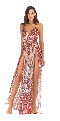 Vestido Sexy Transparencia Lentejuelas Body Vl 36 Rojo L