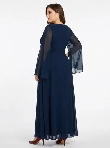 Vestido largo de fiesta en gasa azul y bordó