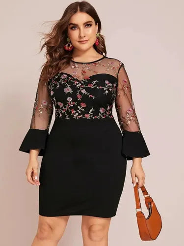 Vestido Negro Ajustado Con Mangas Talla Grande Vg 94