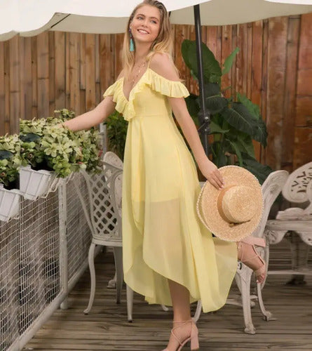 Vestido Amarillo Escotado Maxi Bohemia Asimétrico Gasa Vd 85