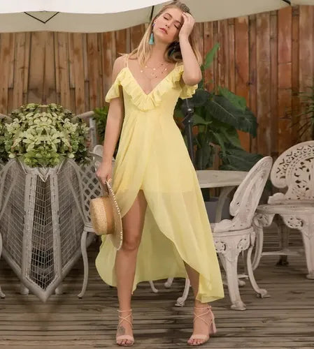 Vestido Amarillo Escotado Maxi Bohemia Asimétrico Gasa Vd 85