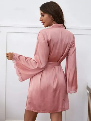 Camisón Y Bata Satín Lencería Set De Pijama Babydolls Pj 04