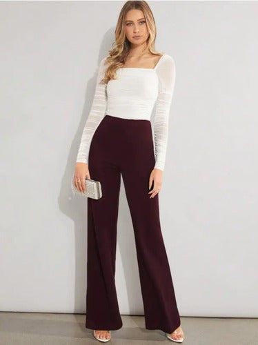 Pantalón Mujer Pierna Ancha Cintura Elasticada Pt 16 Burdeo S