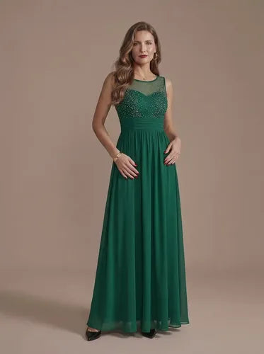 Vestido largo de fiesta verde evasé en gasa